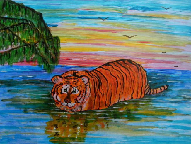 Tiger bathing at sunset